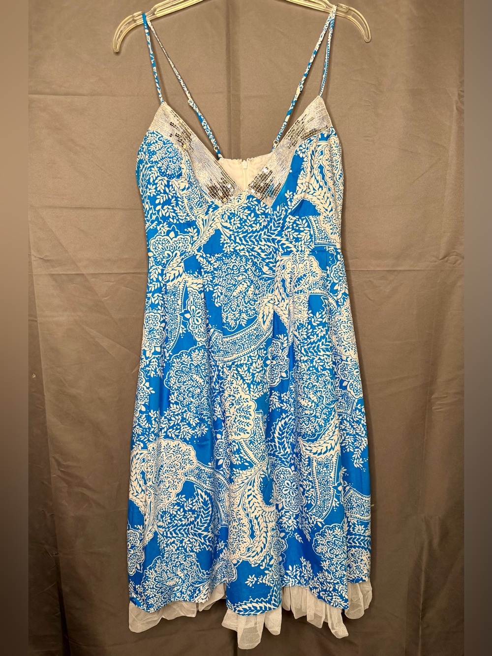 Julian Taylor Blue and White Paisley Slip Midi Dress